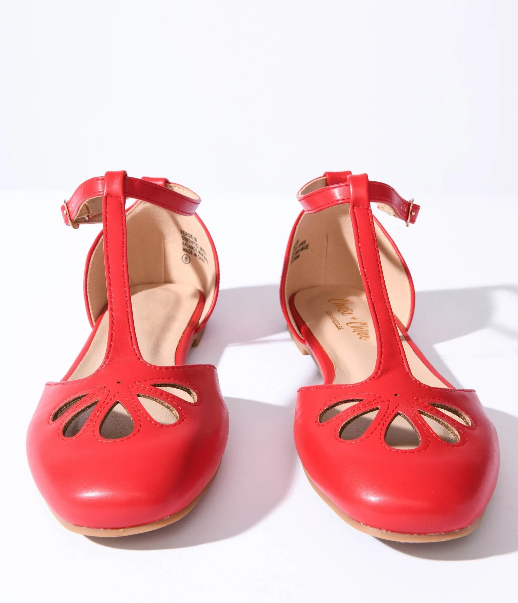 1920s Style Red Leatherette T-Strap Flats