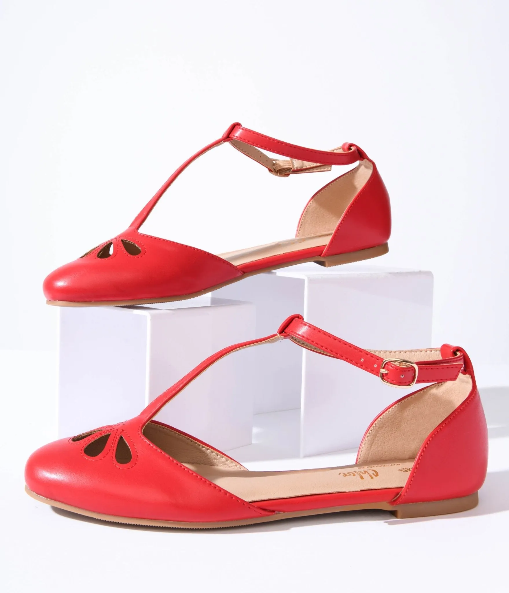 1920s Style Red Leatherette T-Strap Flats