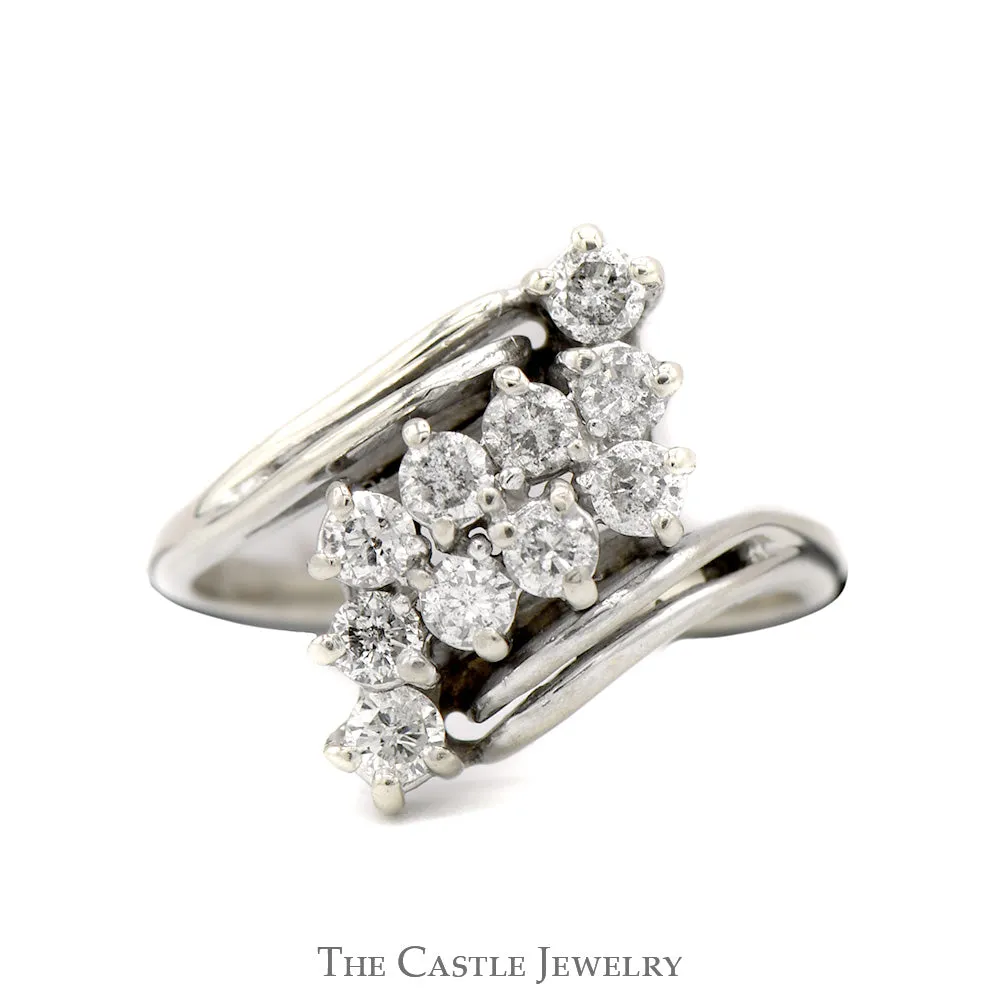 3/4cttw Z Shaped Diamond Cluster Ring in 14k White Gold Bypass Setting