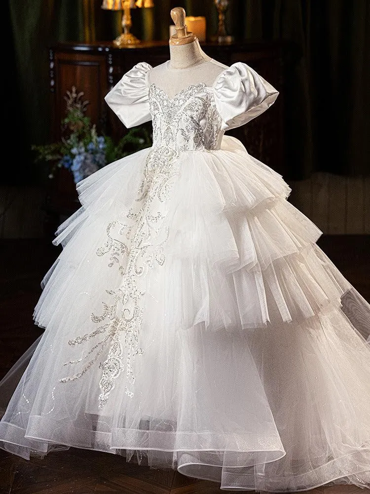 4-10-year-old children elegant flower girl bubble sleeve embroidered wedding dress girls princess dress