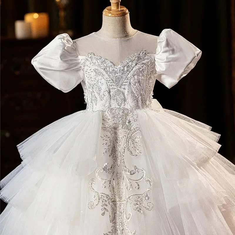 4-10-year-old children elegant flower girl bubble sleeve embroidered wedding dress girls princess dress