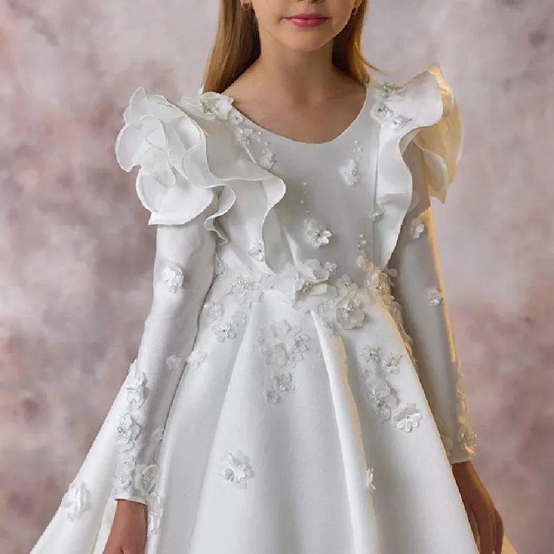 4-12 years old satin wedding flower girl flower bow girl evening dress