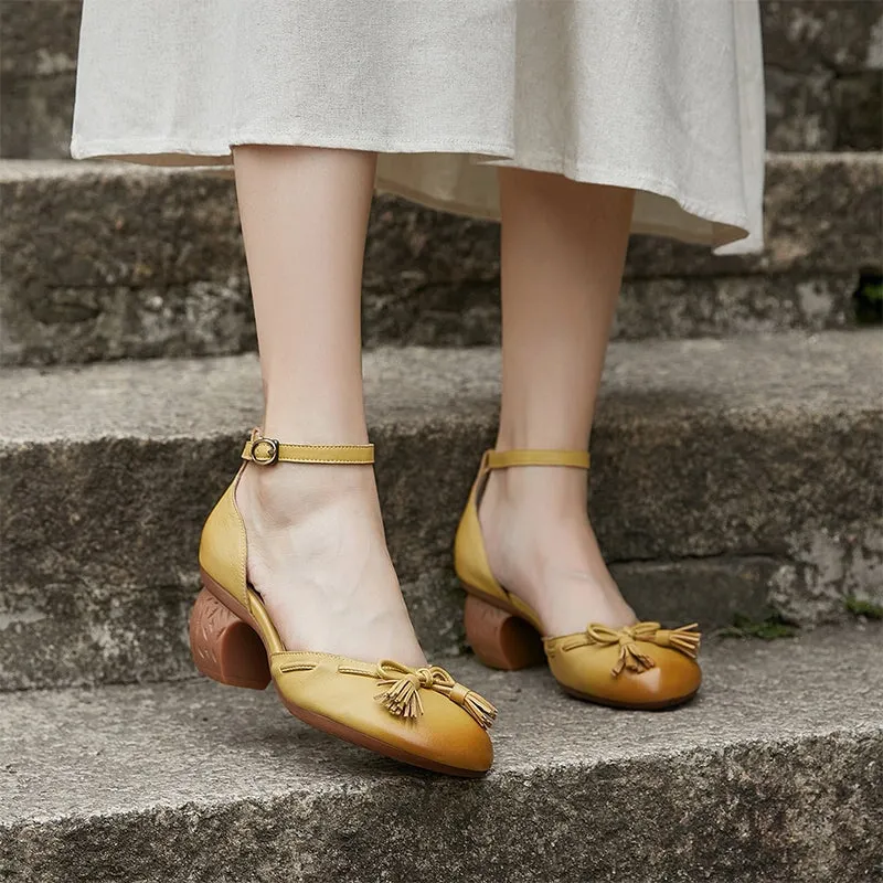 Ankle Strappy Leather Pumps Retro Mary Jane Heels With Bowknot in Coffee/Yellow/Brown