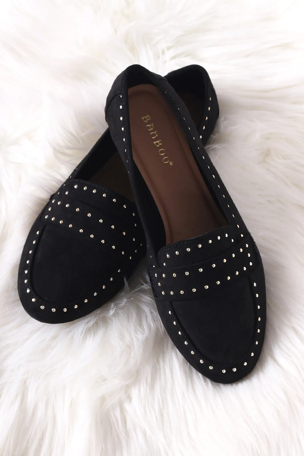 Bamboo Studded Suede Round Toe Loafer Flat