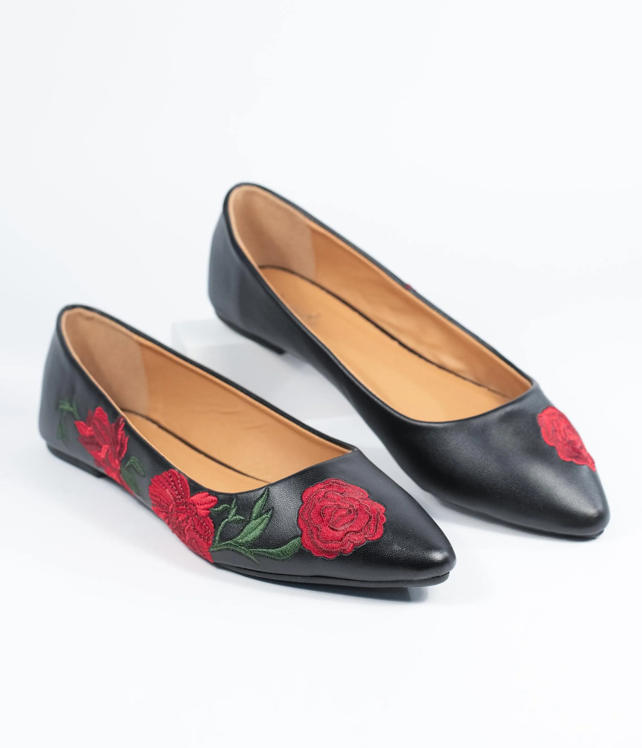 Black & Red Embroidered Florals Leatherette Flats