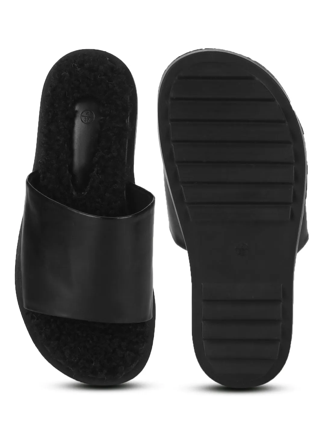 Black PU Faux Fur Fuzzy Slip Ons (TC-RLST6-BLK)