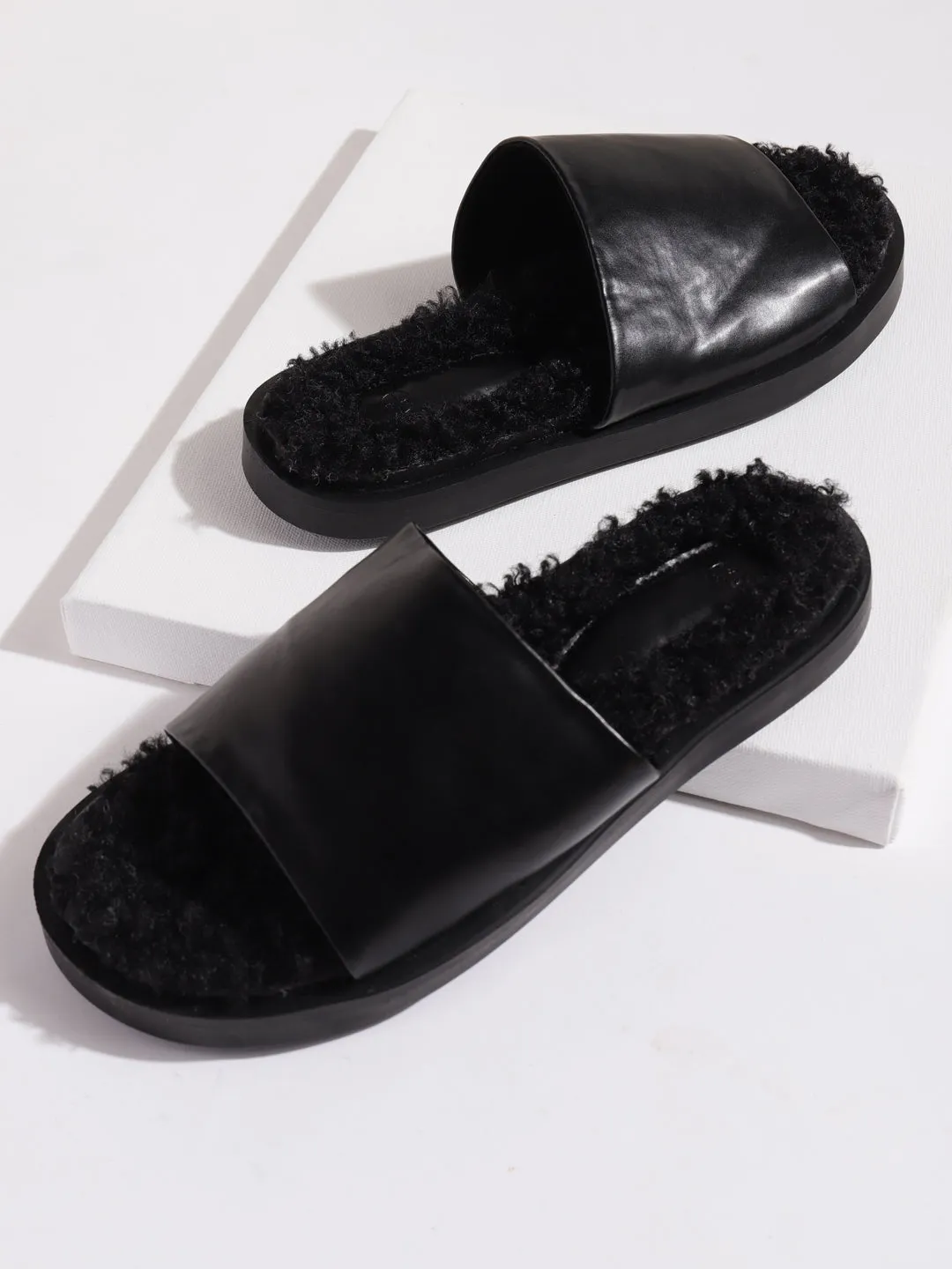 Black PU Faux Fur Fuzzy Slip Ons (TC-RLST6-BLK)