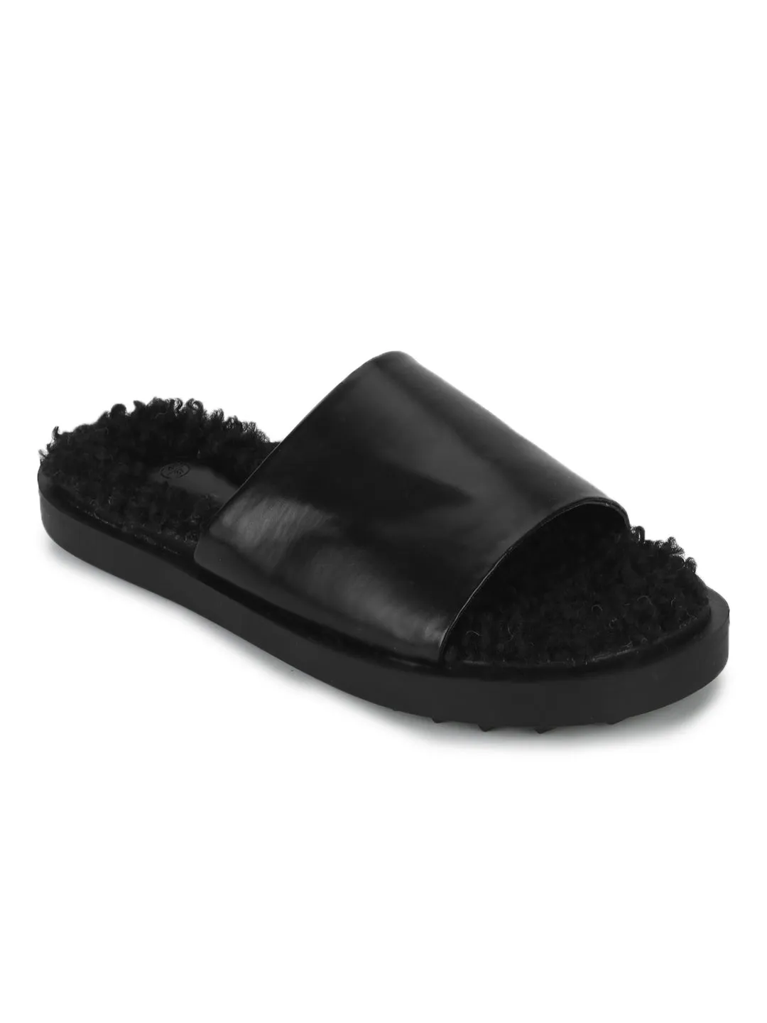 Black PU Faux Fur Fuzzy Slip Ons (TC-RLST6-BLK)