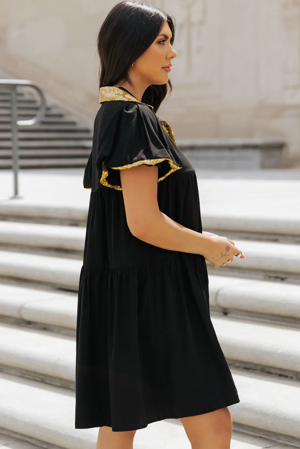 Black Sequin Trim Bubble Sleeve Game Day Shirt Dress