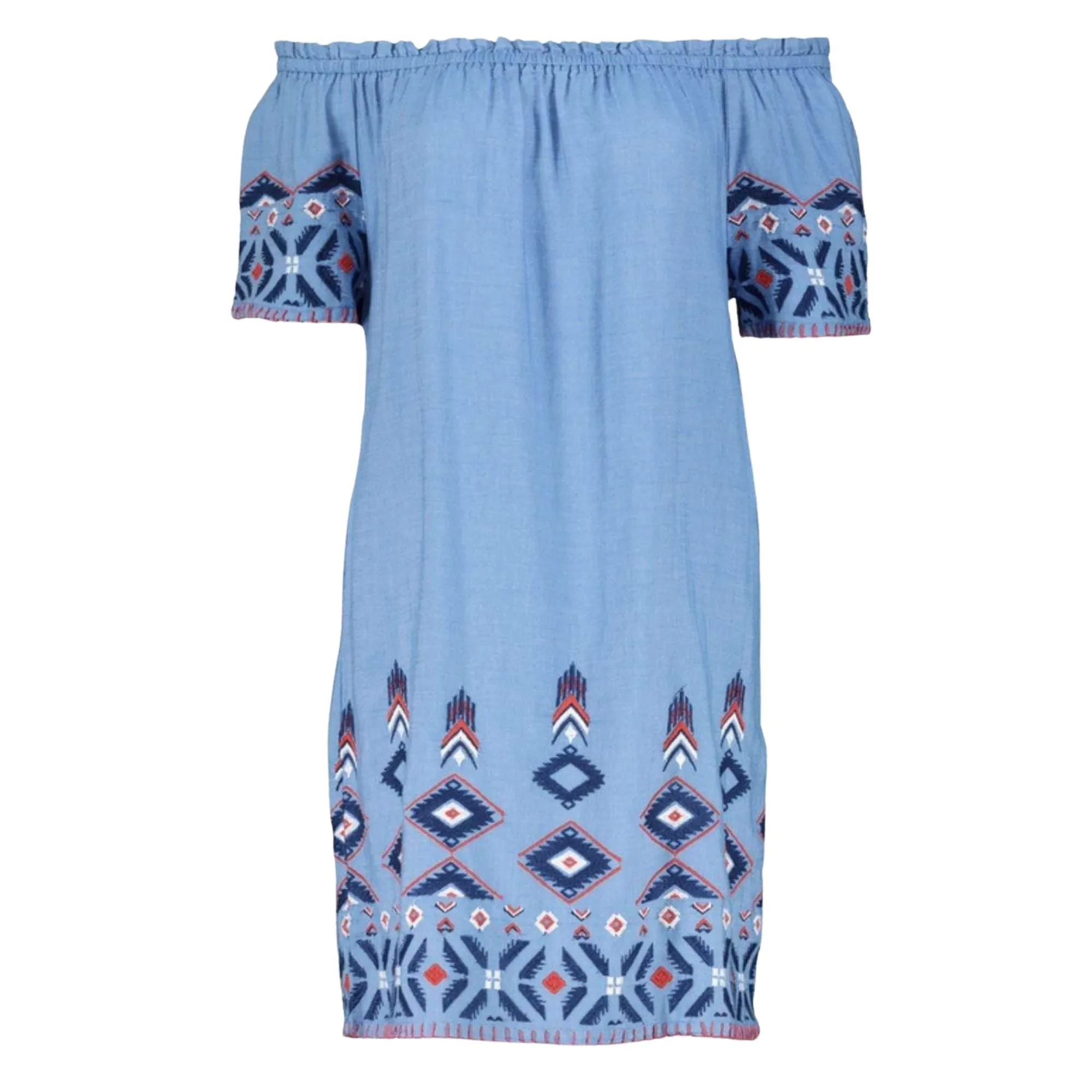 Blue Embroidered Off Shoulder Longline Tunic Top for Women