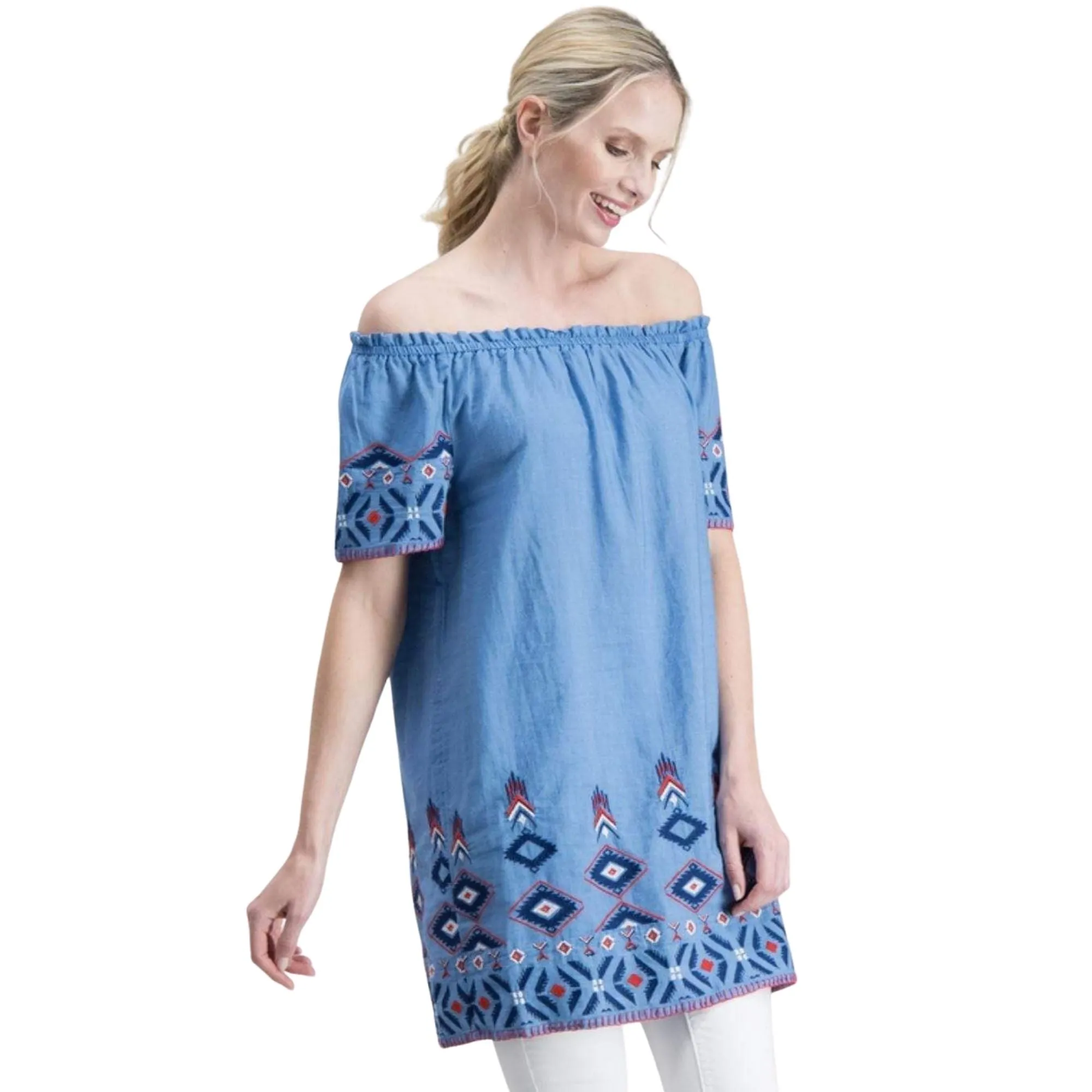 Blue Embroidered Off Shoulder Longline Tunic Top for Women