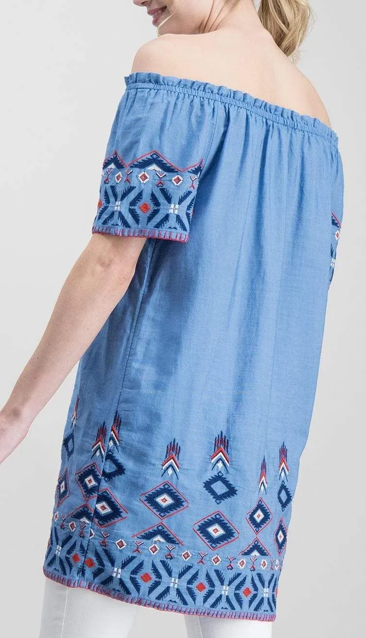 Blue Embroidered Off Shoulder Longline Tunic Top for Women