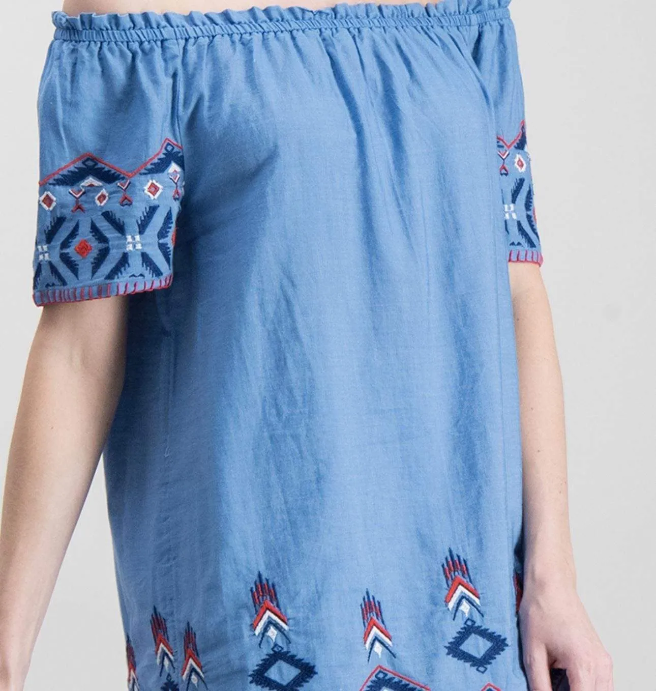 Blue Embroidered Off Shoulder Longline Tunic Top for Women