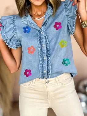 Blue Sequin Floral Ruffle Sleeve Denim Top with a Southern Belle Twist