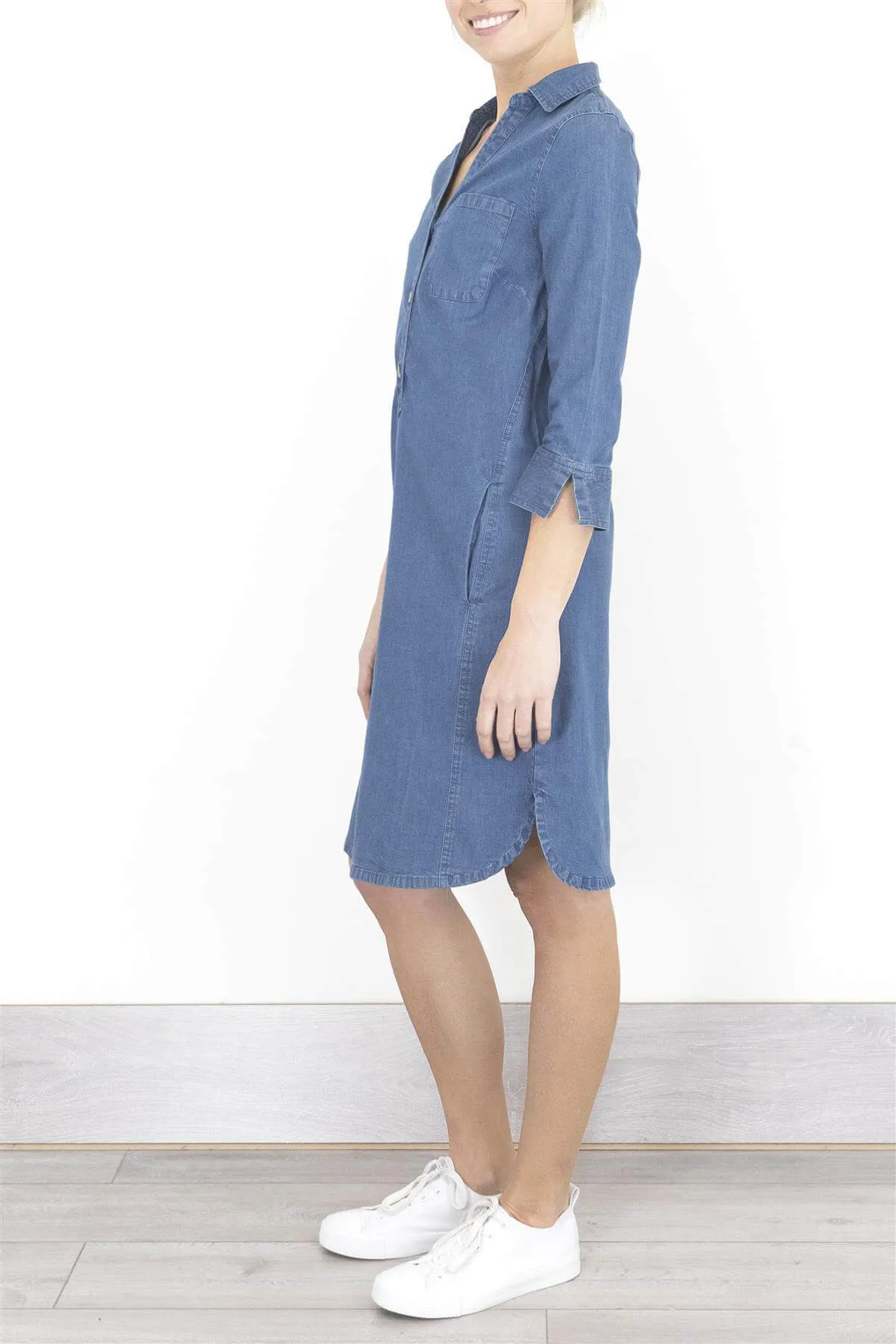 Bonmarche Mid Blue Denim 3/4 Sleeve Casual Short Dress with Pockets