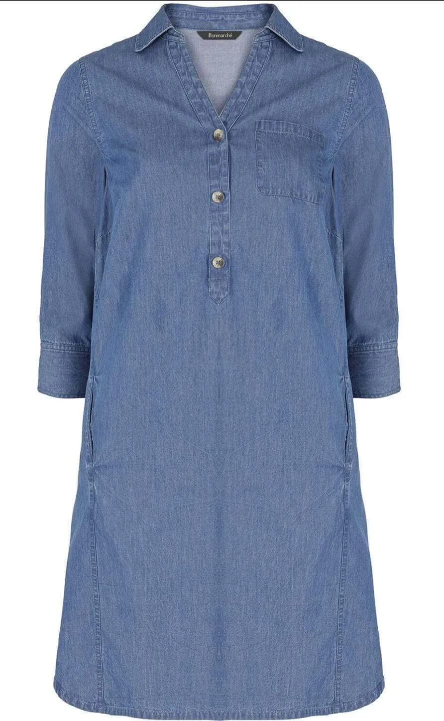 Bonmarche Mid Blue Denim 3/4 Sleeve Casual Short Dress with Pockets