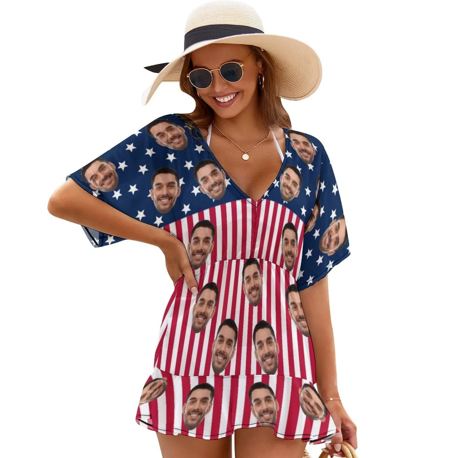 Custom American Flag Hawaiian Shirt Set & Cover Up Dress Independence Gifts Couple Present