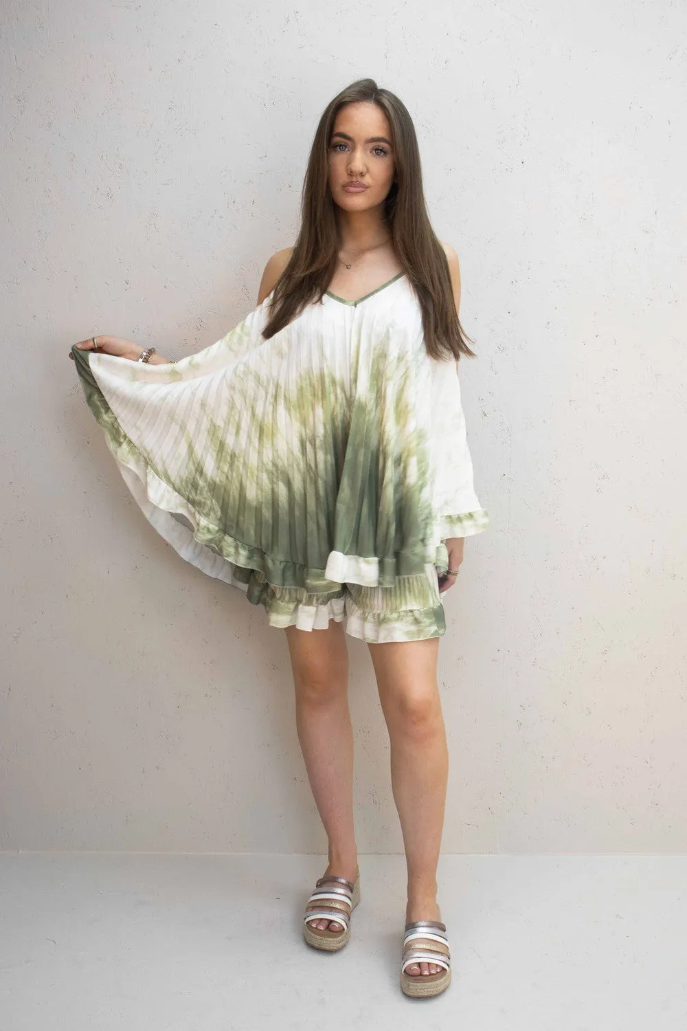 Daisy Tie Dye Spaghetti Strap Frill Short Set Green