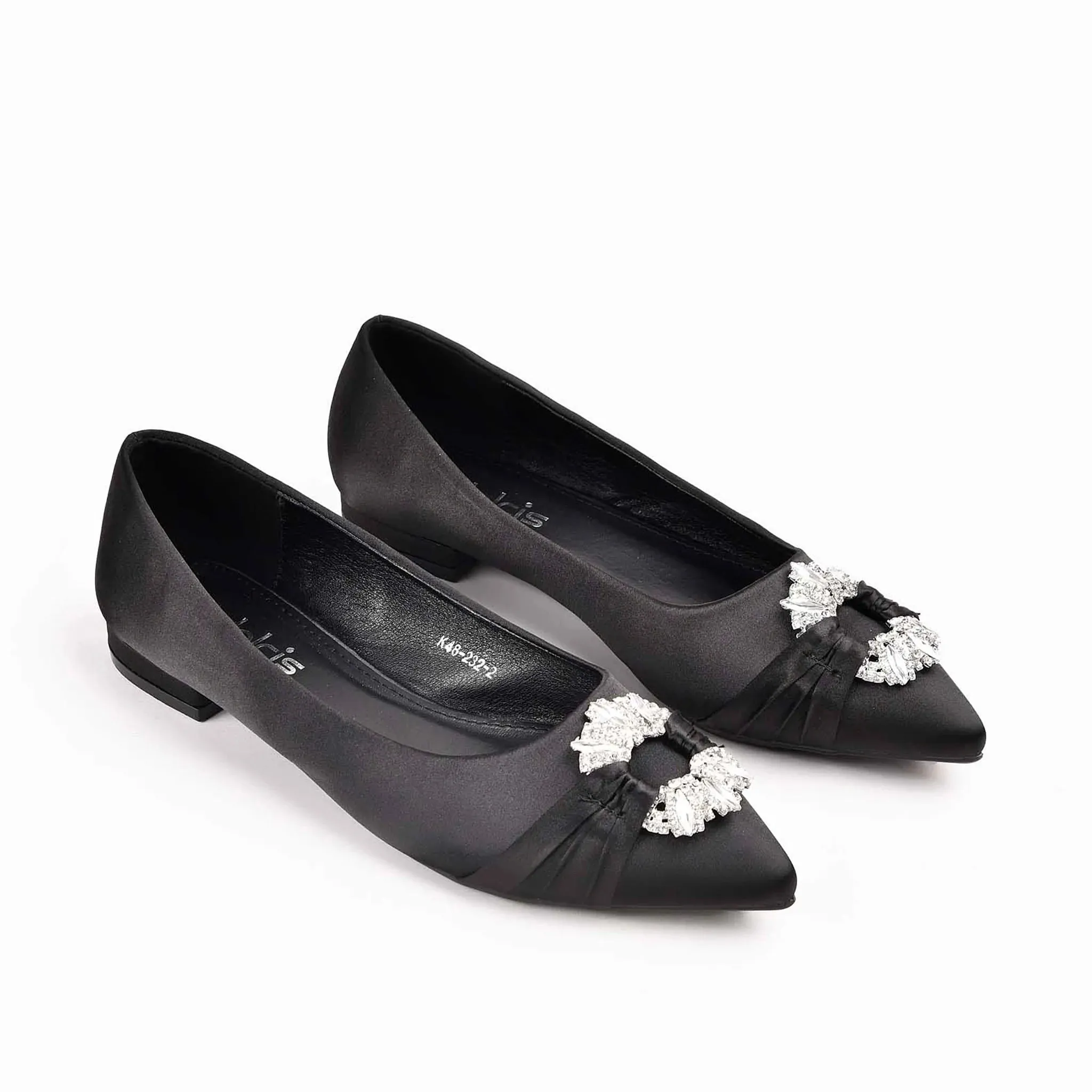 Elegant Black Satin Flats with Crystal Embellishment | 468M-C