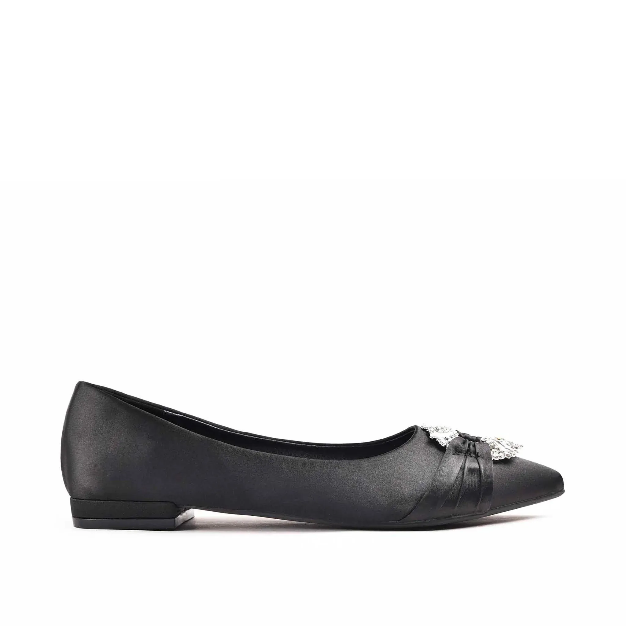 Elegant Black Satin Flats with Crystal Embellishment | 468M-C