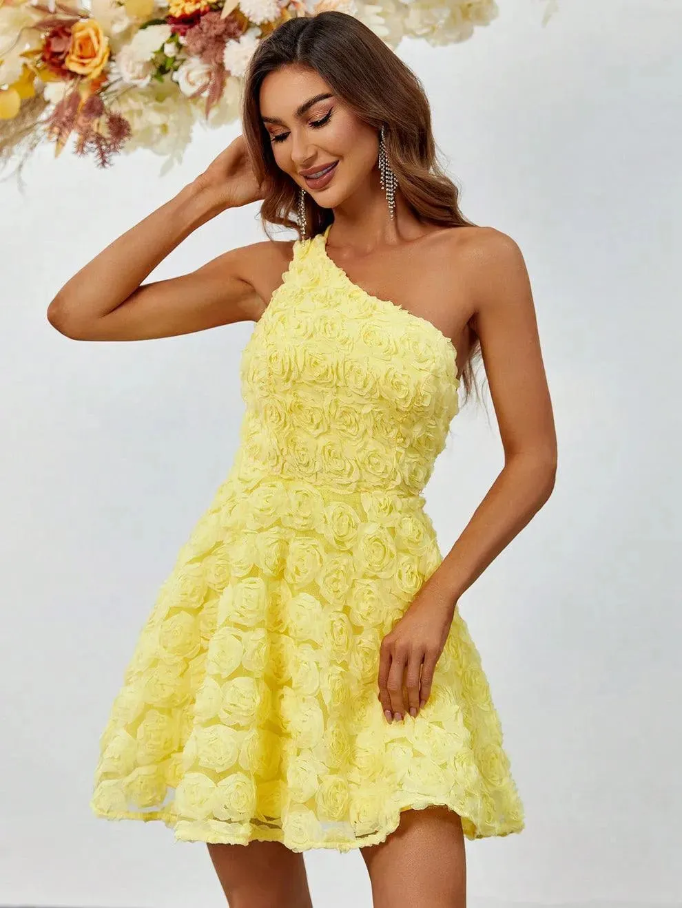 Elegant One Shoulder Sleeveless 3D Flower Party Dress