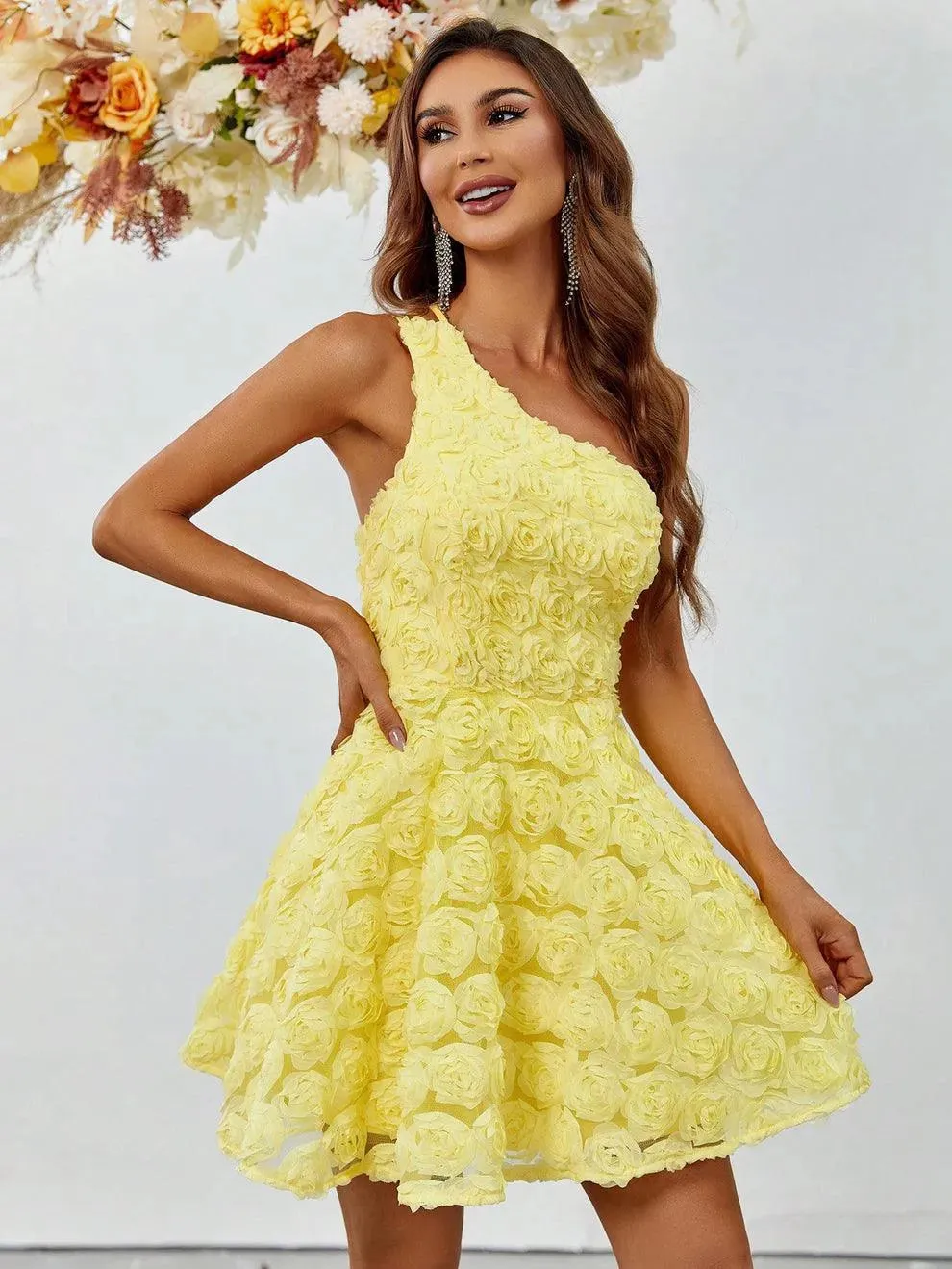 Elegant One Shoulder Sleeveless 3D Flower Party Dress