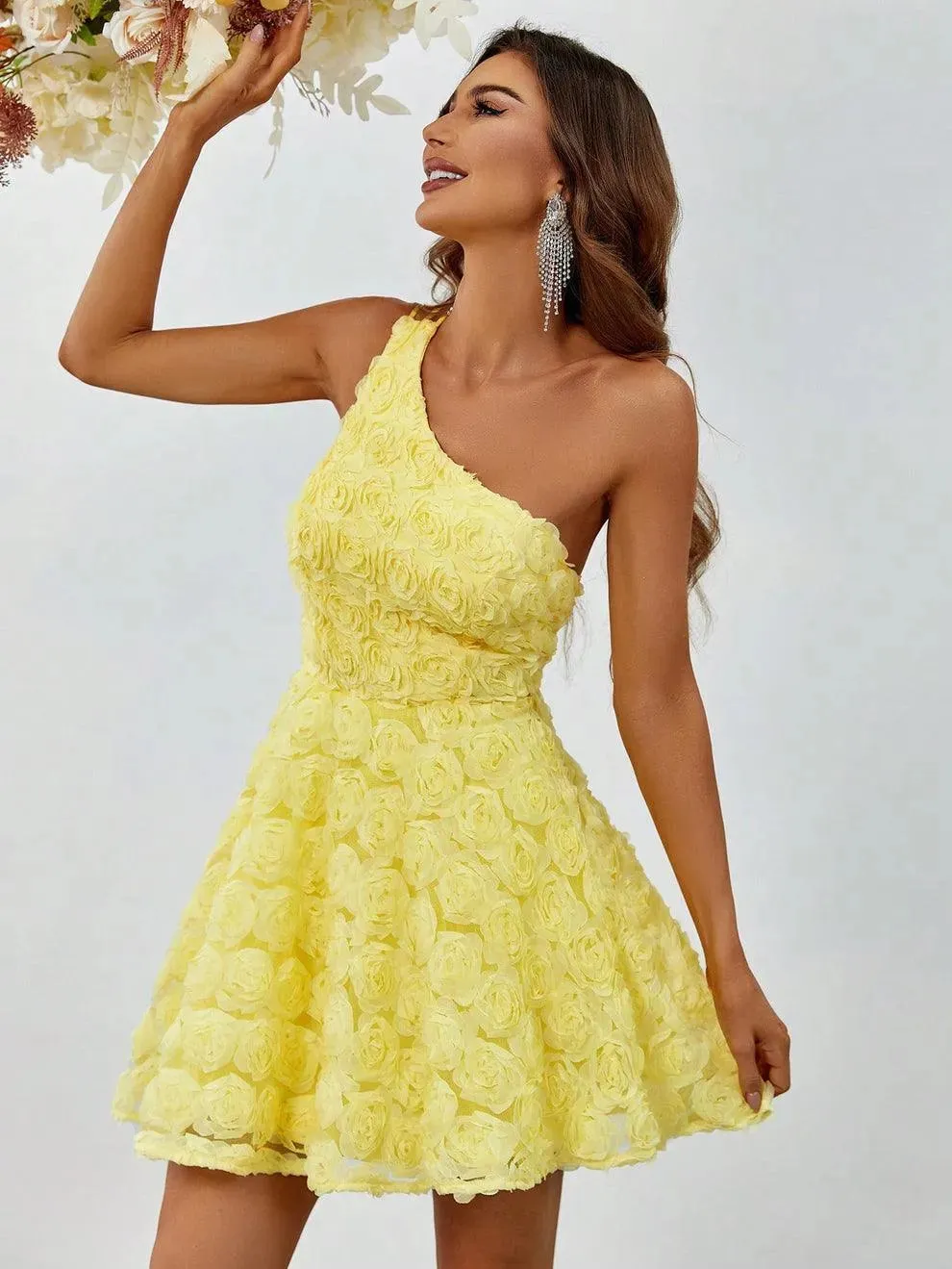 Elegant One Shoulder Sleeveless 3D Flower Party Dress