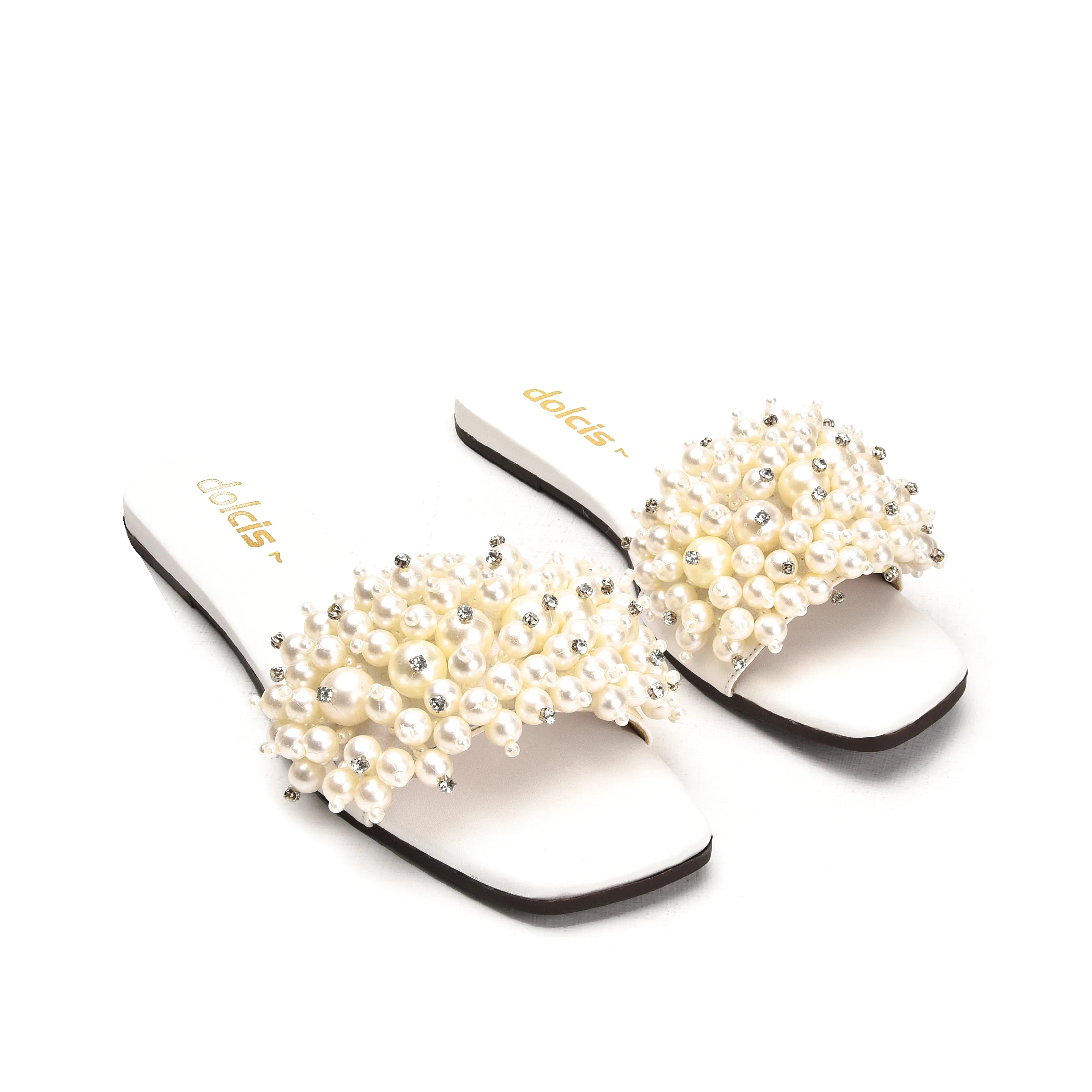 Elegant White Pearl-Embellished Flats | 531L-W