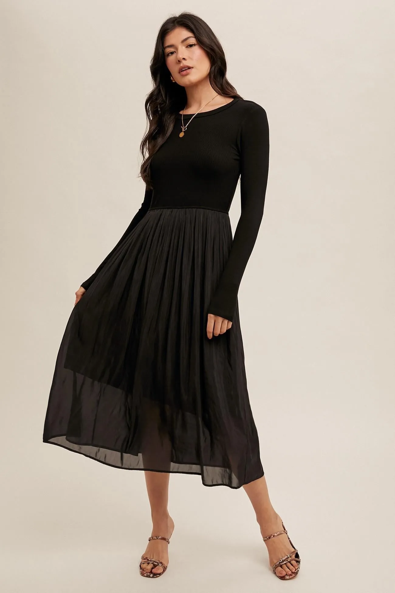 Elle Knit Contrast Ribbed Long Sleeve Pleated Dress