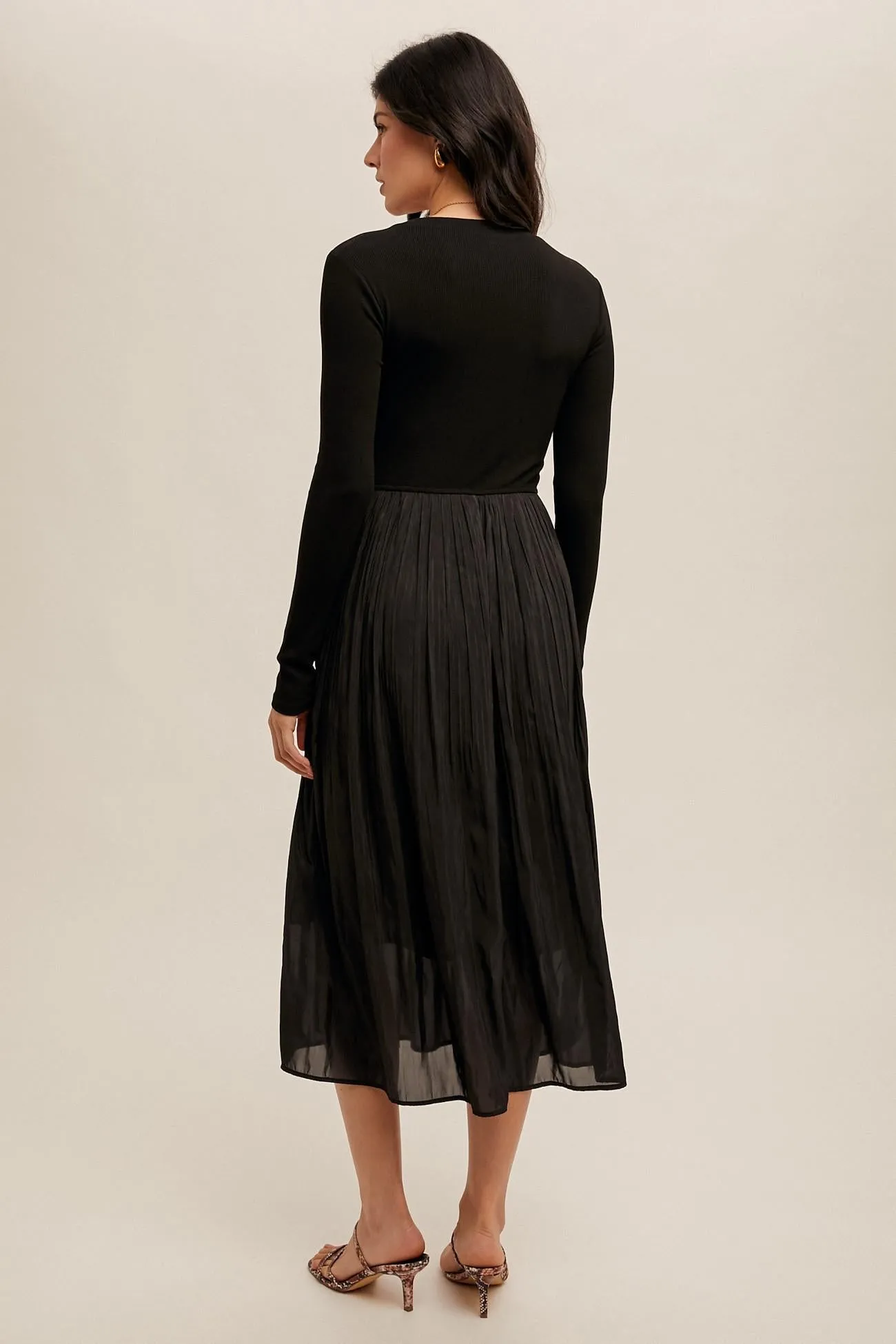 Elle Knit Contrast Ribbed Long Sleeve Pleated Dress