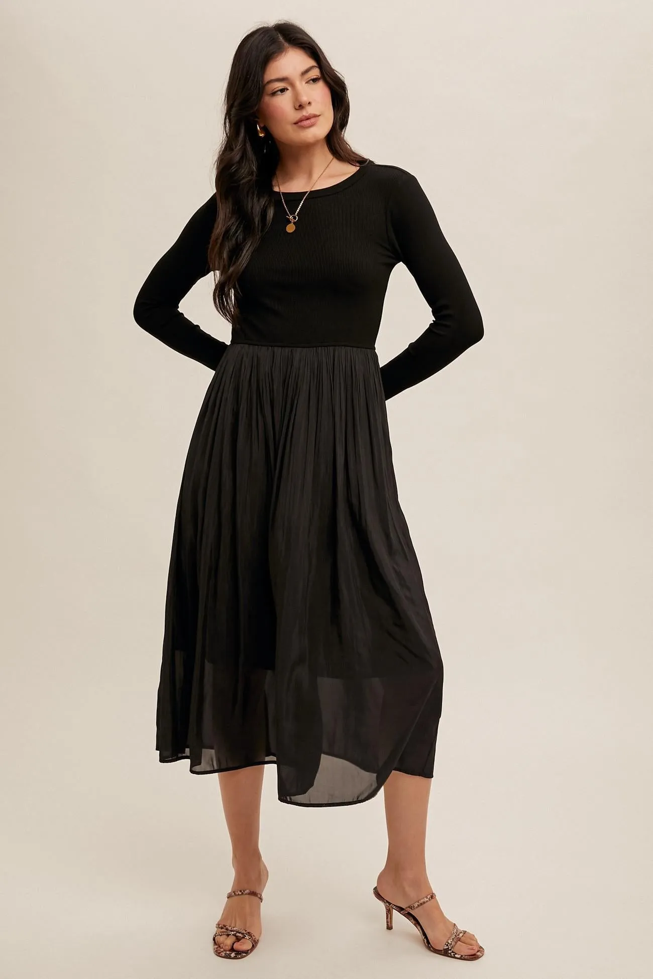 Elle Knit Contrast Ribbed Long Sleeve Pleated Dress