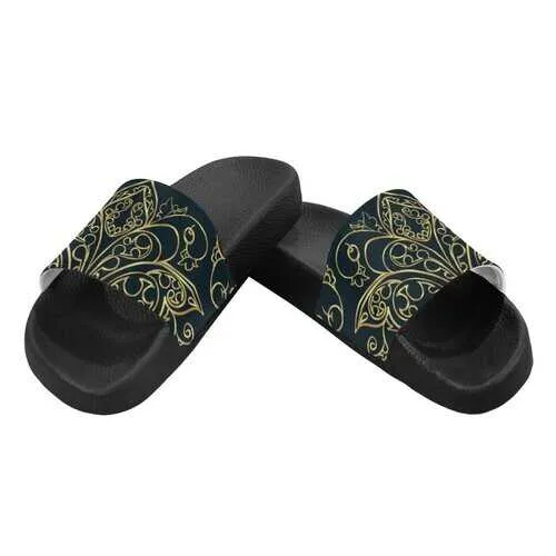 Flip-Flop Sandals, Black and Gold Swirl Style Women's Slides