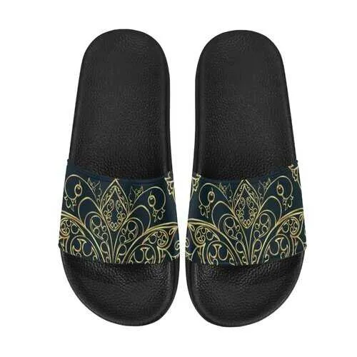 Flip-Flop Sandals, Black and Gold Swirl Style Women's Slides