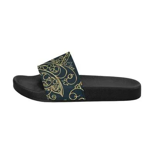 Flip-Flop Sandals, Black and Gold Swirl Style Women's Slides