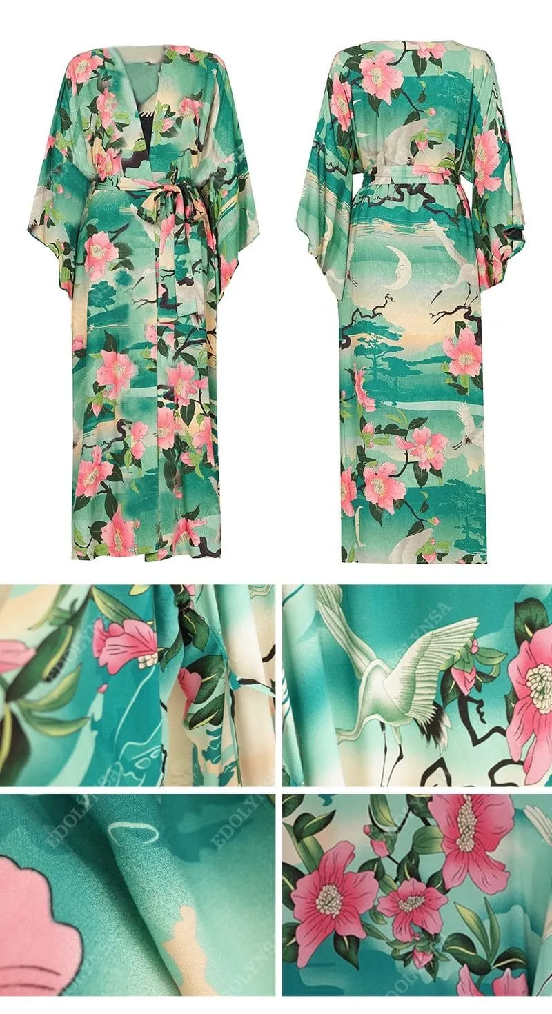 Floral-Bird Print Maxi Kimono