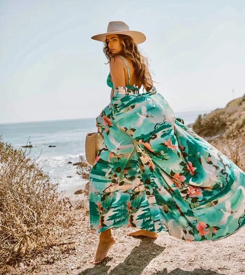 Floral-Bird Print Maxi Kimono