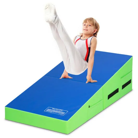 Folding Wedge Exercise Gymnastics Mat with Handles-Green