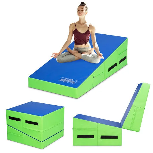 Folding Wedge Exercise Gymnastics Mat with Handles-Green