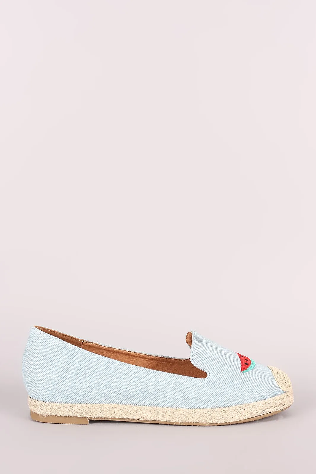 Fun Embroidered Denim Espadrille Slip On Loafer Flat