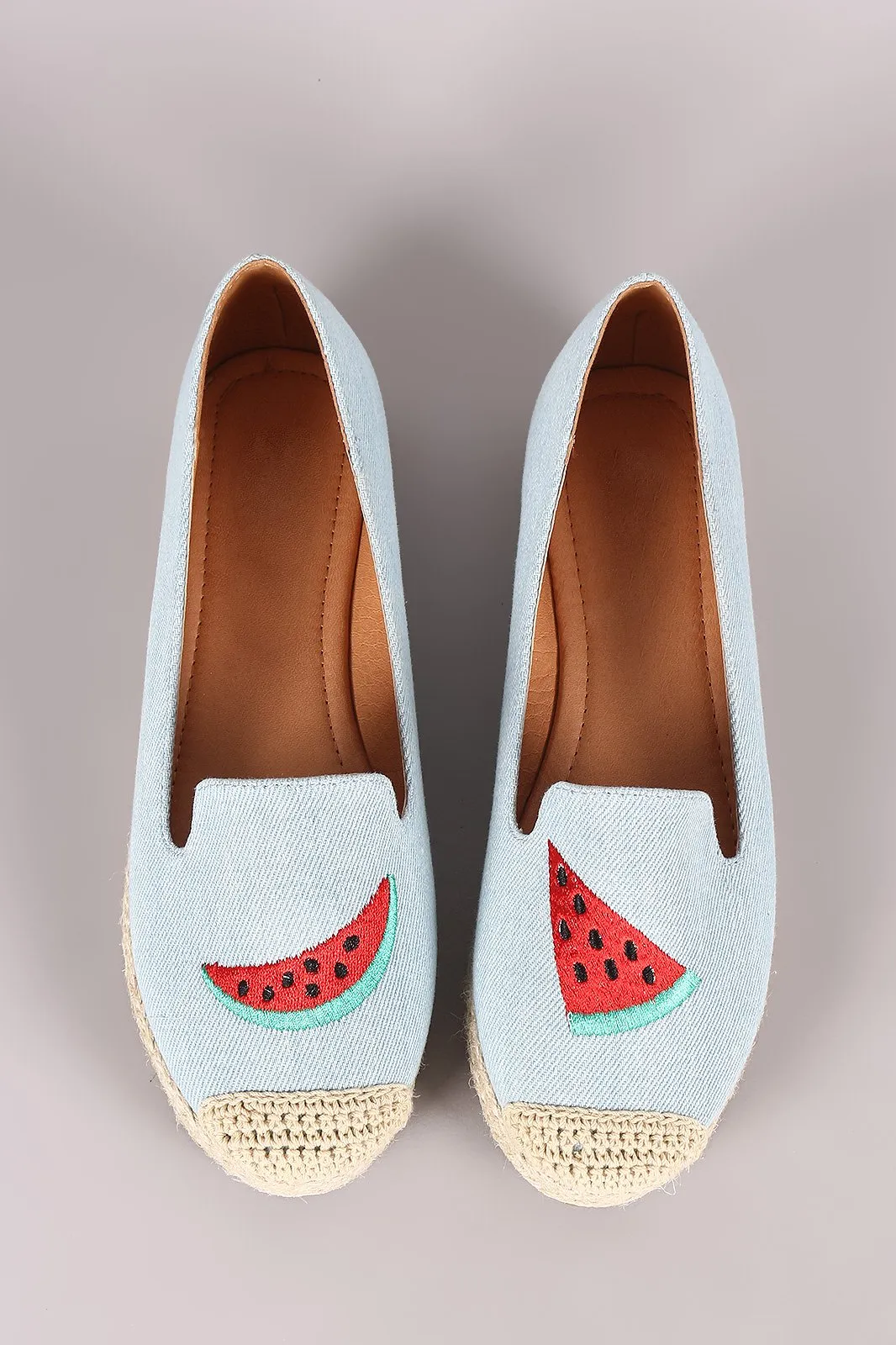 Fun Embroidered Denim Espadrille Slip On Loafer Flat