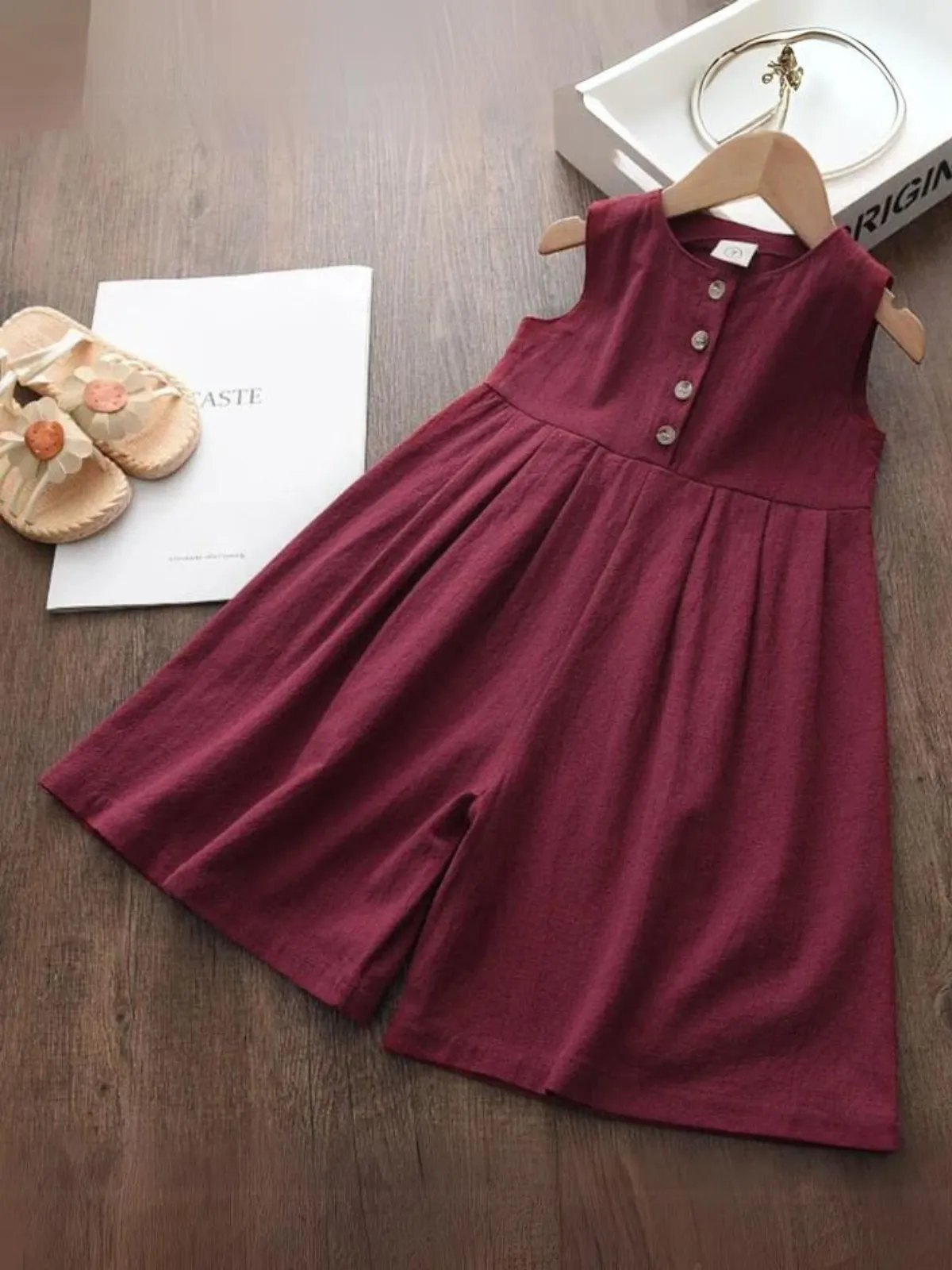 Girls Chic Sleeveless Buttoned Jumpsuit Dress with Cinched Waist