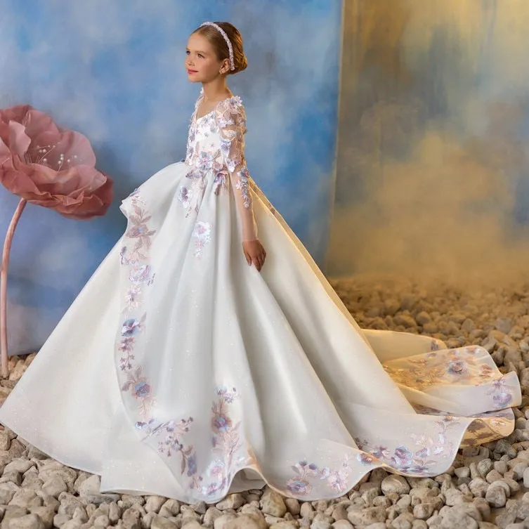 Girls' floral long-sleeved princess dress with elegant elegant host wedding flower girl dress