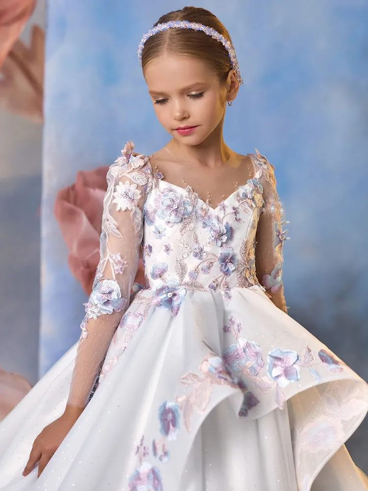 Girls' floral long-sleeved princess dress with elegant elegant host wedding flower girl dress