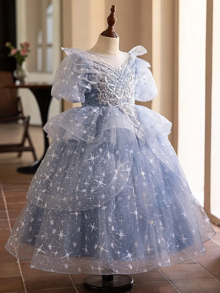 Girls host stage performance evening dress new blue short-sleeved embroidered mesh girl princess dress