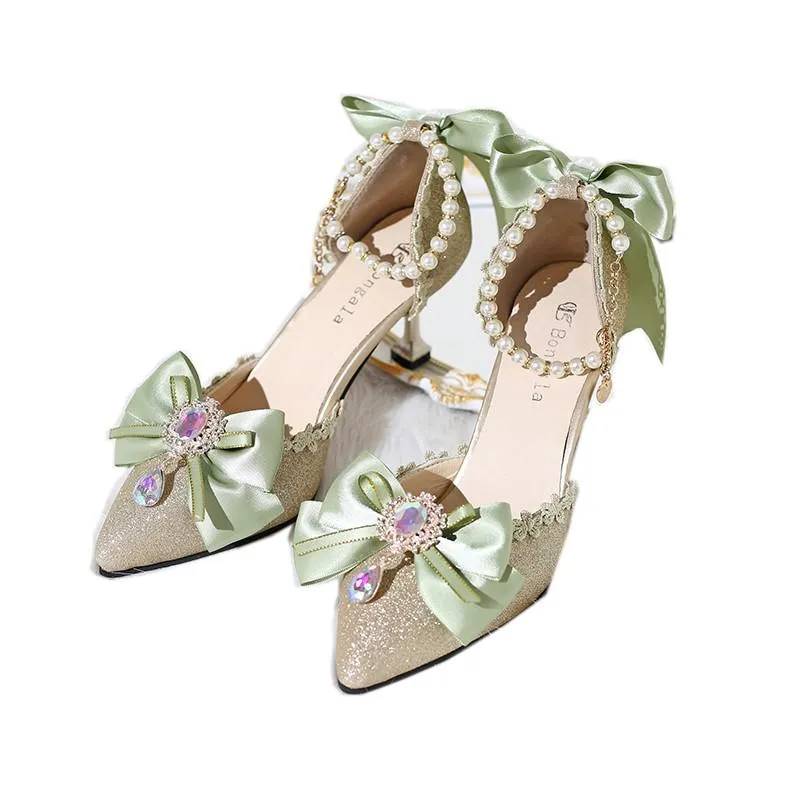 Green Kawaii French Sweet Girl Lolita Shoes High Heels 7cm Elegant Princess Wedding Lolitas Palace Pointed Toe Women Cos Sandals