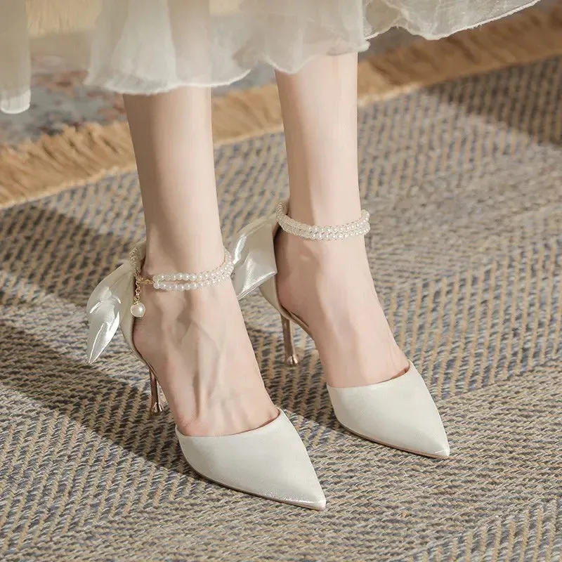 Hnzxzm 2024 New Women Thin Heel Hollow Sandals Woman Pearl Butterfly Pointed Toe High Heels Womens Shoe Wedding Shoes