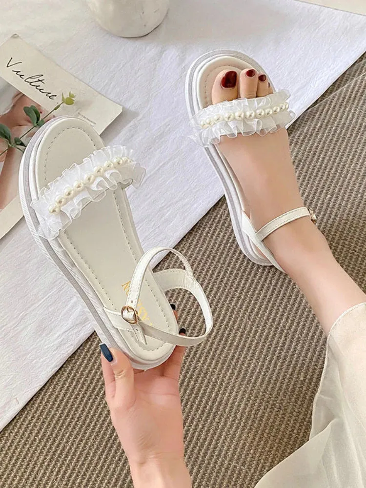 Hnzxzm Autumn Elegant Comfortable Sandals for Women Korean Style Lace Chic Shoes Female Pure Color Buckle Design Casual Flat Shoes