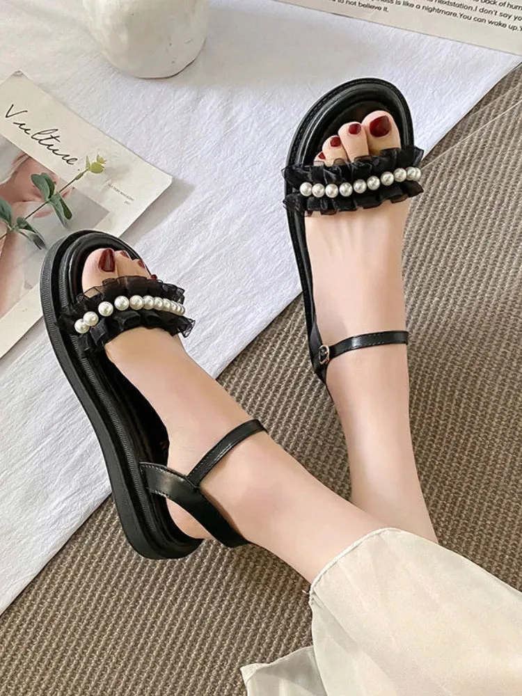 Hnzxzm Autumn Elegant Comfortable Sandals for Women Korean Style Lace Chic Shoes Female Pure Color Buckle Design Casual Flat Shoes