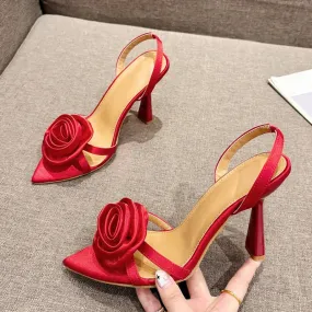 Hnzxzm Summer Fashion Silk Rose Flowers Pointed Open Toe Back Strap Sandals Women Red High Heels Wedding Prom Shoes