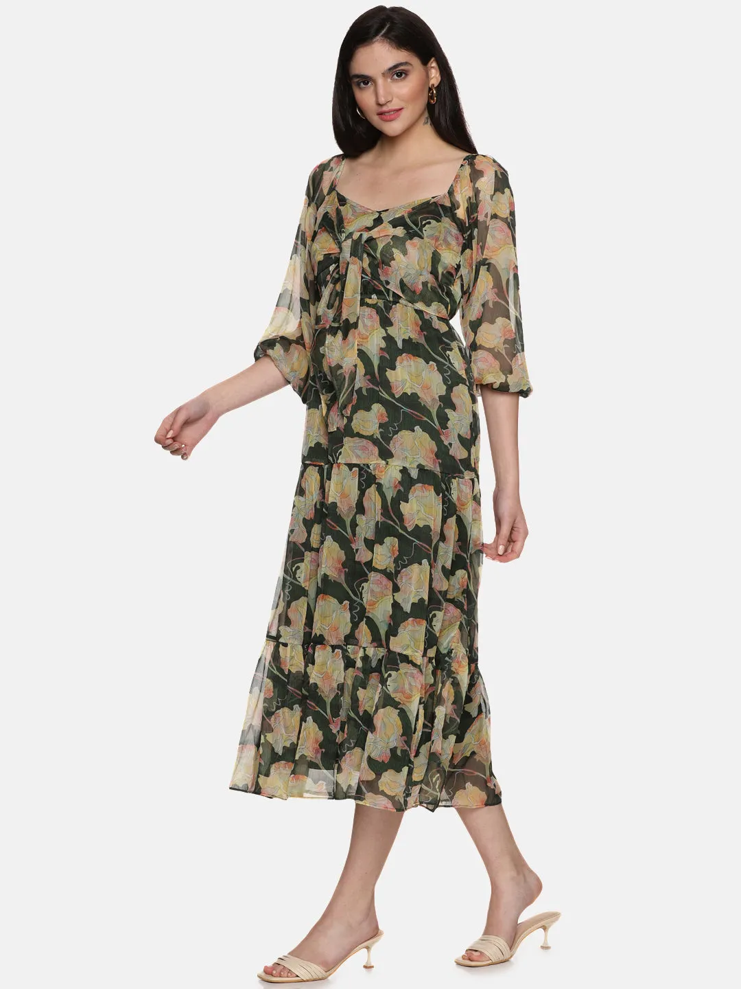 IS.U Floral Green Front Tie Knot Midaxi Dress